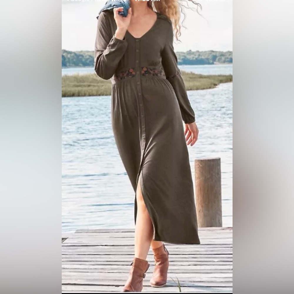 Olive green Garnet Hill embroidered maxi dress